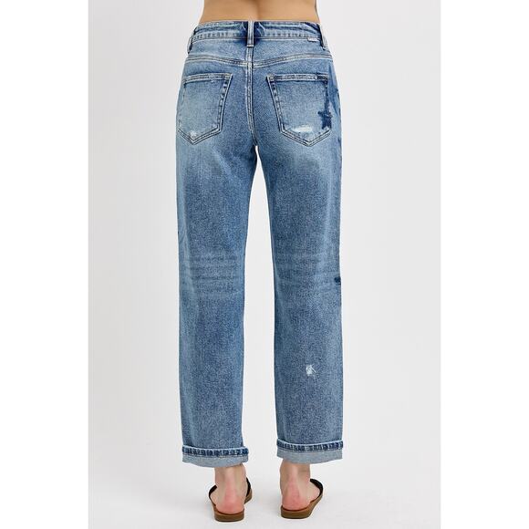 RISEN Mid Rise Boyfriend Star Shadow Detail Cuffed Jeans - PGA21091 - Size 5/27 - Picture 5 of 6